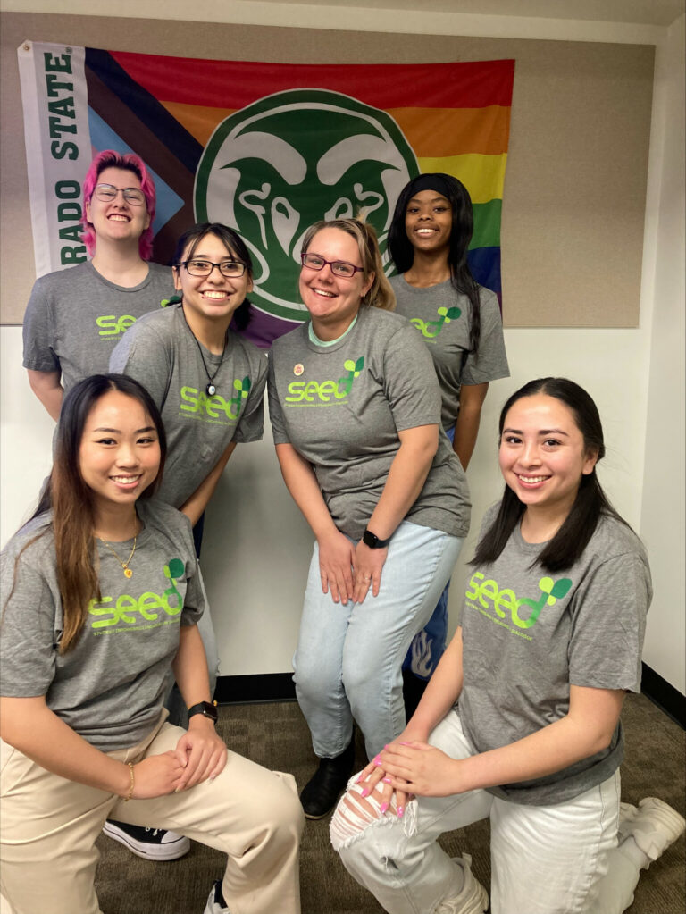Six undergraduate CSU students smiling. They are all wearing matching gray shirts with light and dark green “SEED (Student Empowering & Engaging in Dialogue)” logo.